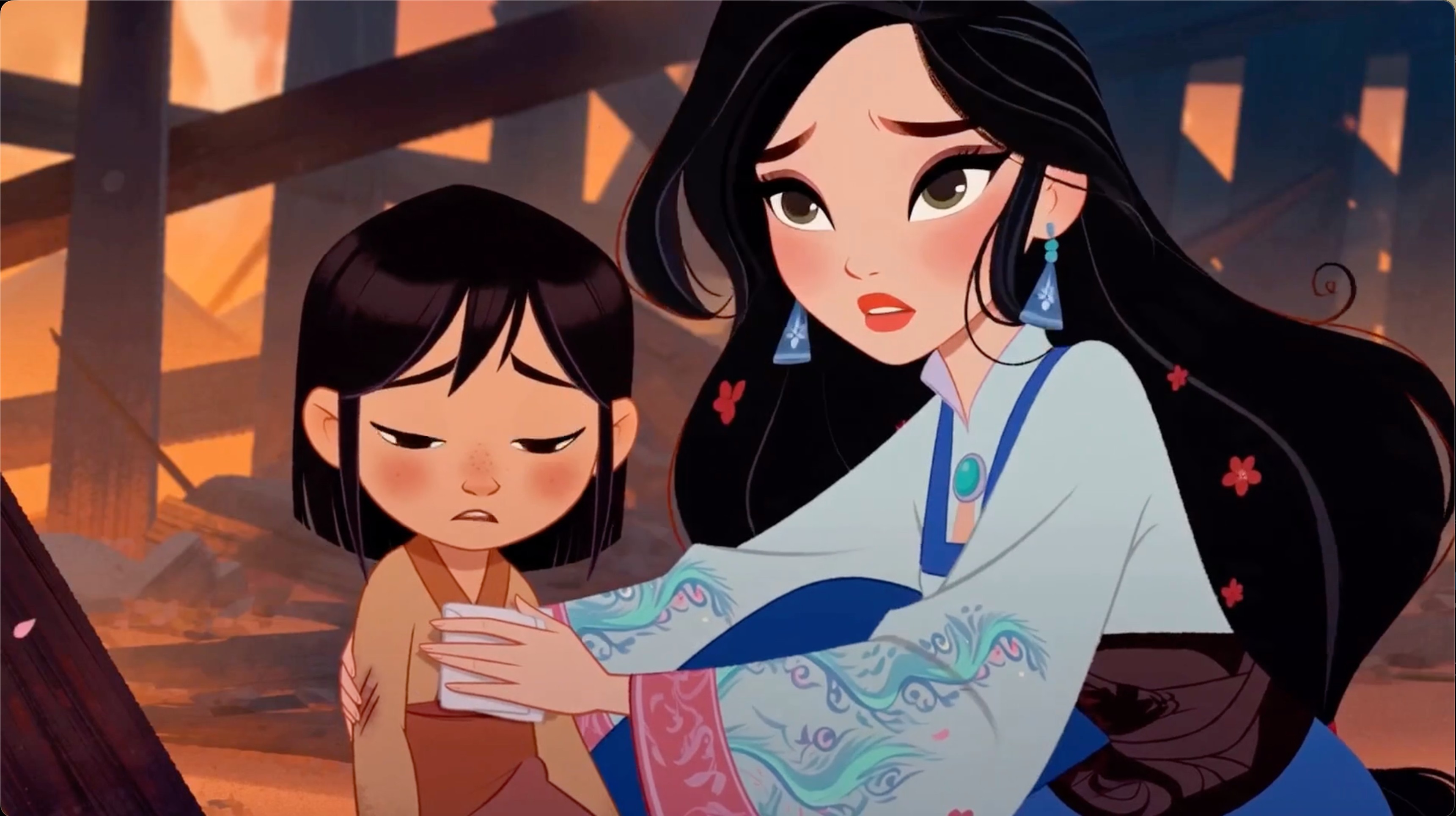 Storyboard frame — Snow tending to a child