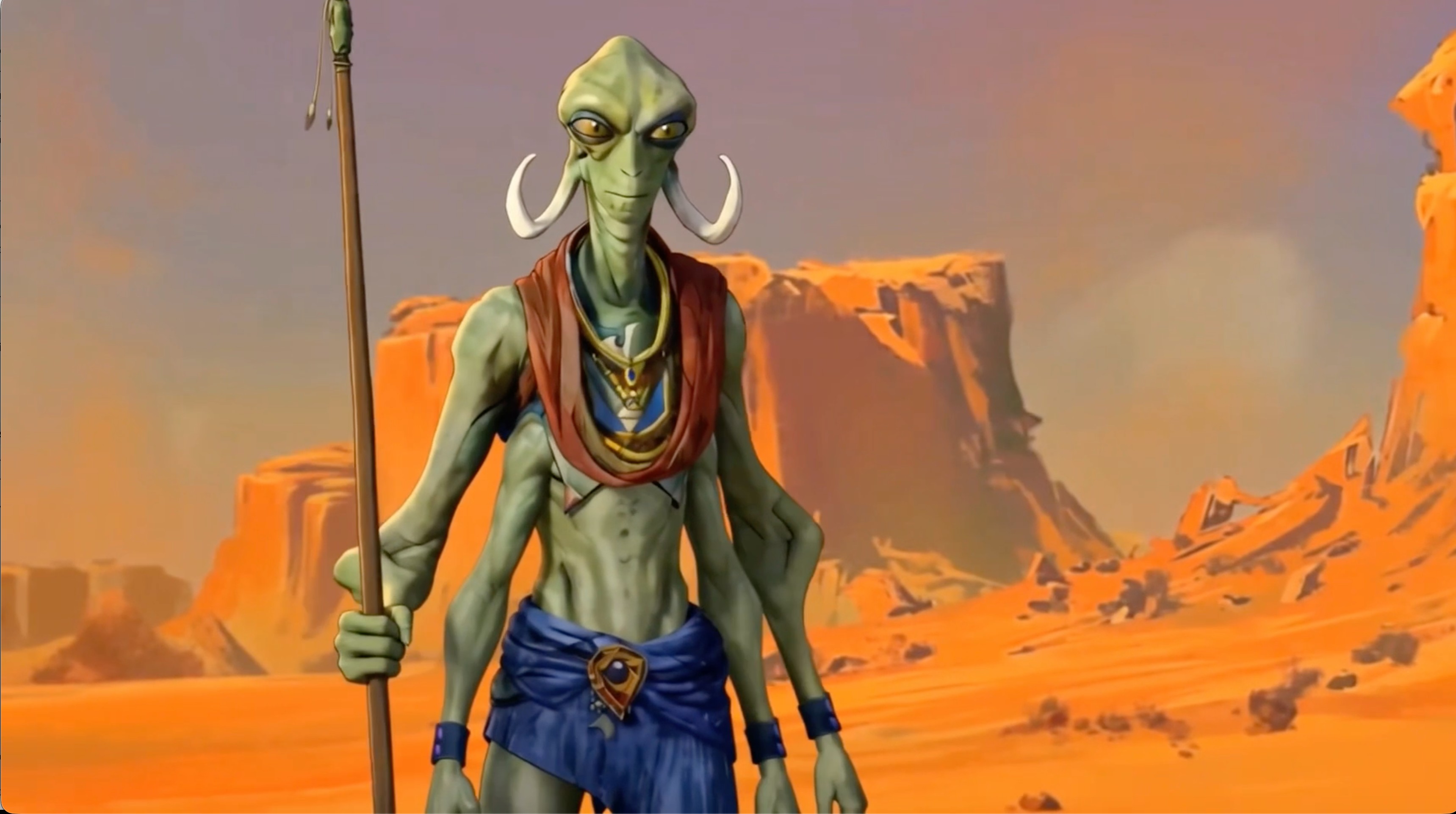 Storyboard frame — tusked alien warrior